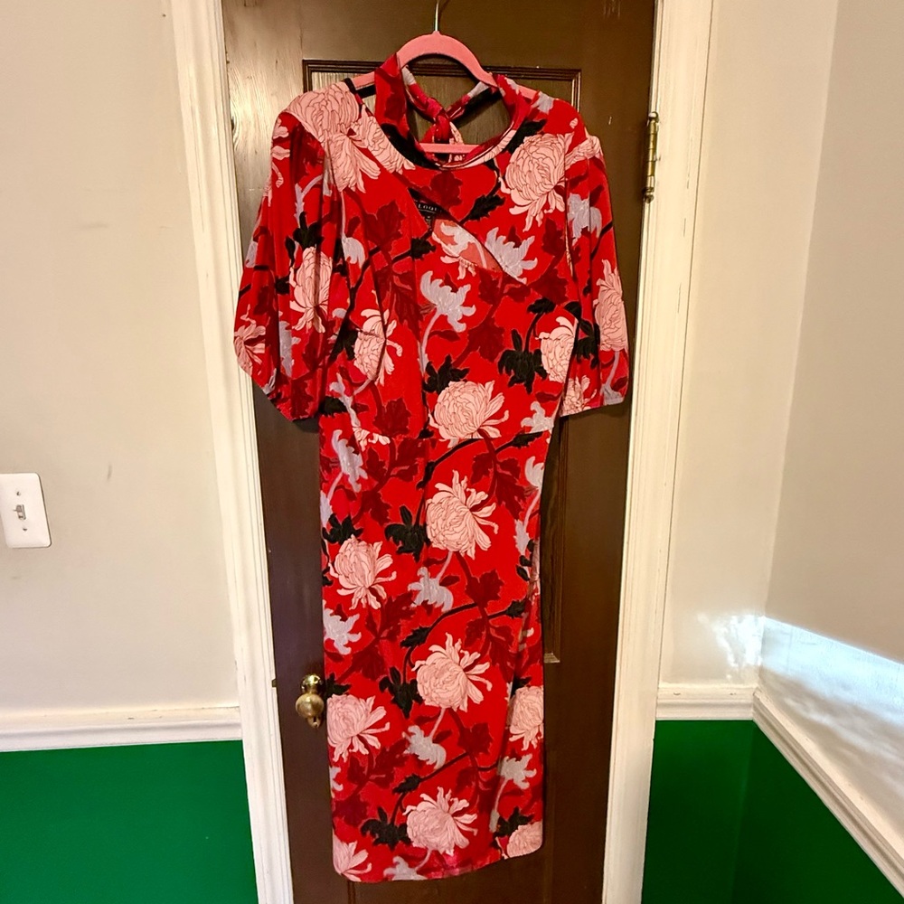 Eloquii Red and White Floral Long Sleeve Dress